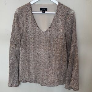 AGB Women's V-Neck Patterned Blouse - Brown and Cream